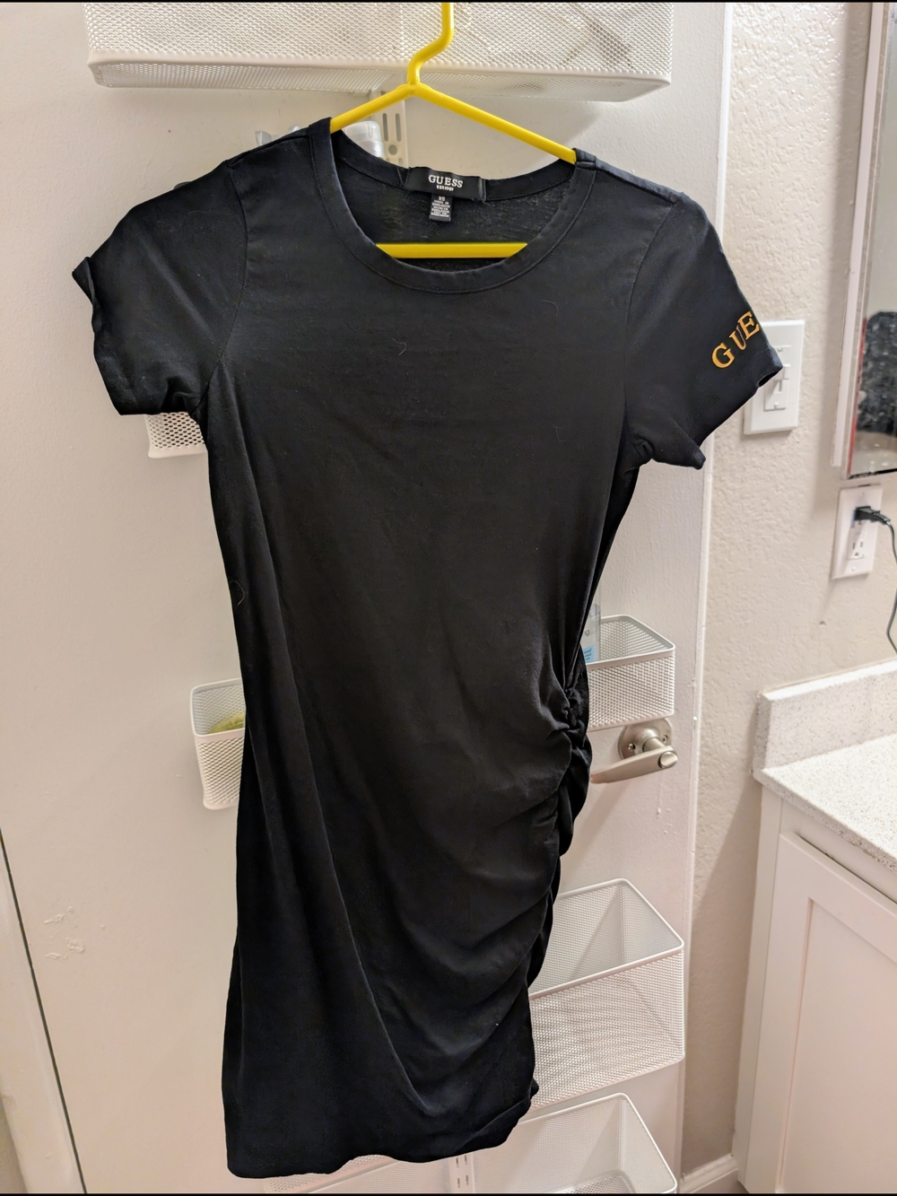 GUESS Black Short-Sleeve Side-Ruched Tee Dress with Gold Logo